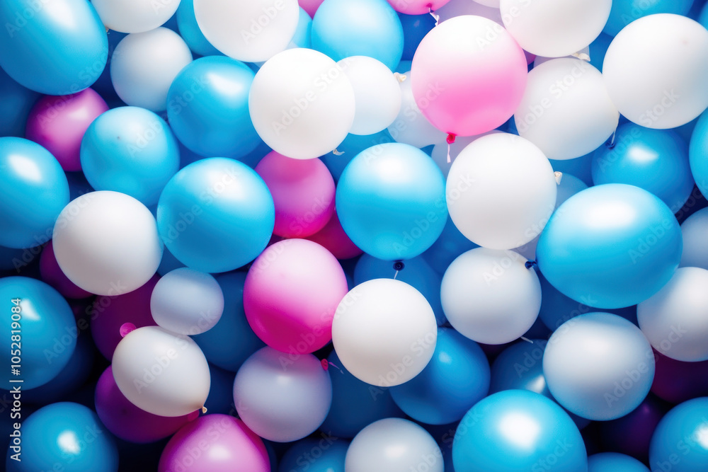 Bunch of blue and pink balloons in a clear blue sky, outdoor setting with trees in the background. Sunny day, cheerful and vibrant colors. Bunch of blue and pink balloons in a clear blue sky, outdoor setting with trees in the background. Sunny day, cheerful and vibrant colors.