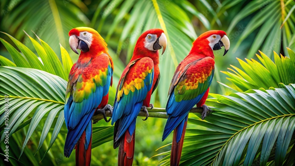 Panoramic view of three macaws perched in lush tropical foliage Panoramic view of three macaws perched in lush tropical foliage