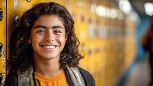 A vibrant teenage student with a joyful expression and backpack stands in a school corridor, radiating enthusiasm and readiness for the academic day ahead. photo