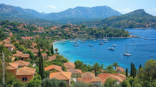 Coastal Village Nestled Among Lush Green Hills and Turquoise Waters