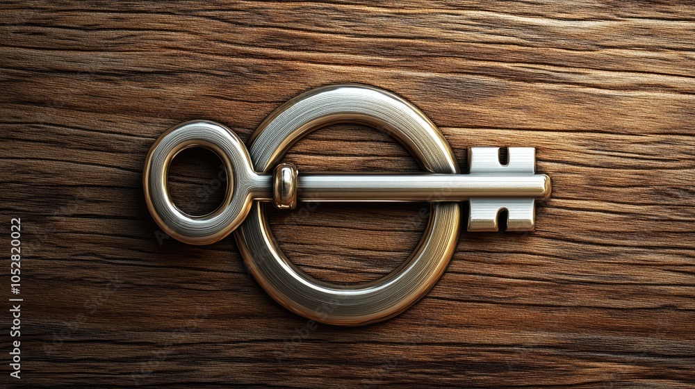 A silver key on a wooden surface. A silver key on a wooden surface.