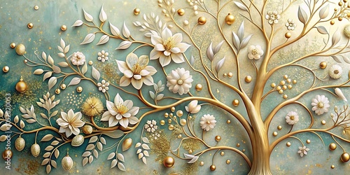Panoramic wallpaper featuring mural tree, golden stem, golden pearl, white flowers, abstract floral background