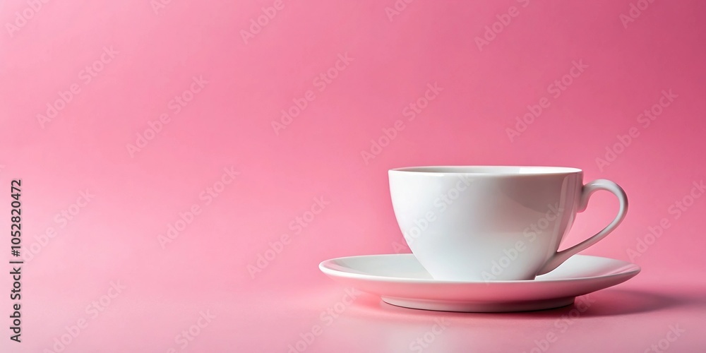Panoramic white cup and saucer on pink background with copy space Panoramic white cup and saucer on pink background with copy space