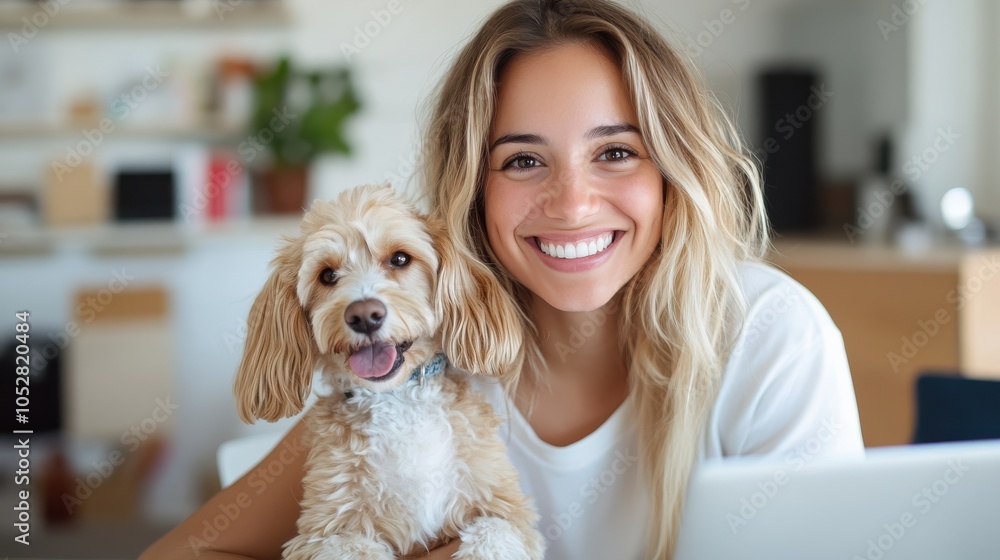 A cheerful woman smiles alongside her dog within a stylish indoor environment, capturing a blend of warmth, affection, and modern home aesthetics. A cheerful woman smiles alongside her dog within a stylish indoor environment, capturing a blend of warmth, affection, and modern home aesthetics.