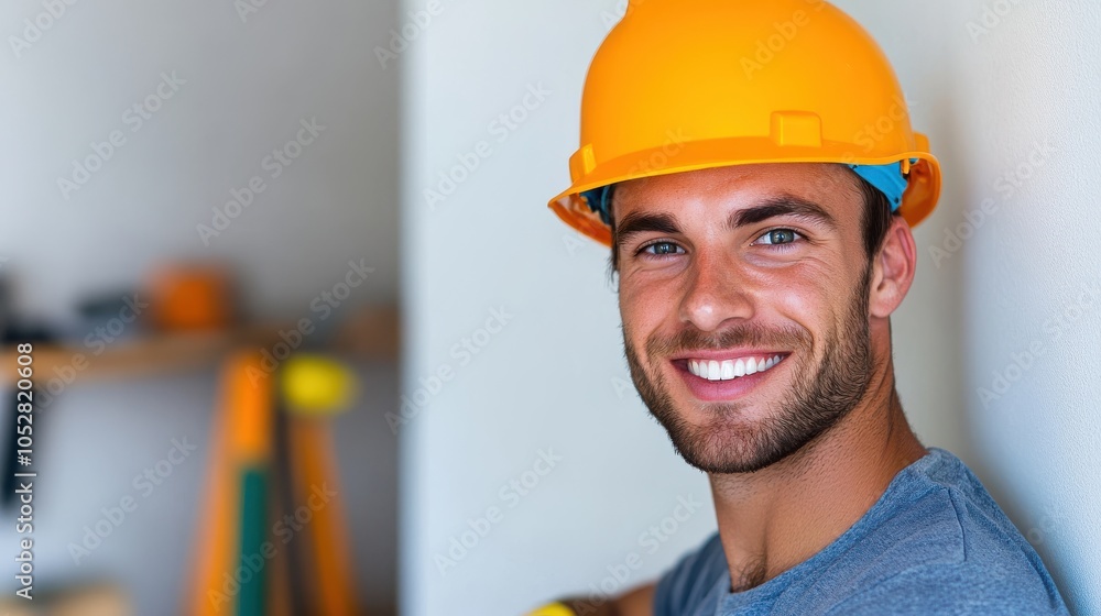 A confident construction worker, wearing a bright yellow hardhat, is grinning against a soft-focus background of his workplace, reflecting positivity and commitment to his job. A confident construction worker, wearing a bright yellow hardhat, is grinning against a soft-focus background of his workplace, reflecting positivity and commitment to his job.