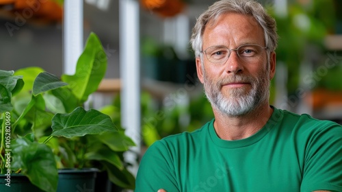 A mature man wearing glasses and a green shirt, crossing his arms confidently in a lush, green environment filled with healthy, growing plants and soft light. photo