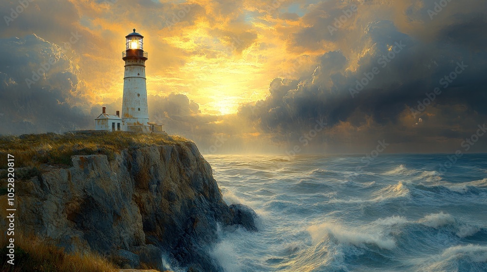 Fototapeta premium A lighthouse on a rocky shore at sunset, guiding ships safely.