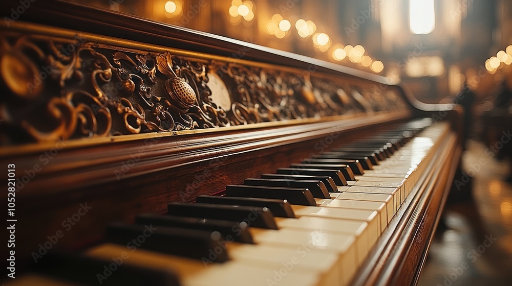 A close-up of a beautifully crafted piano in a grand setting. A close-up of a beautifully crafted piano in a grand setting.