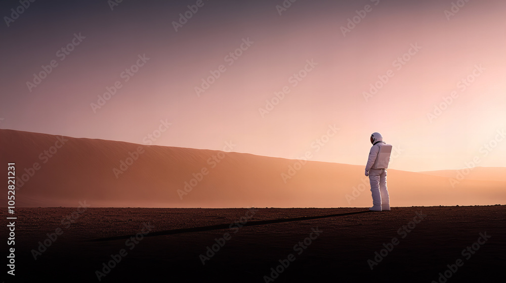 Fototapeta premium Astronaut standing alone on an alien landscape during sunset highlighting the vastness of space adventures and exploration
