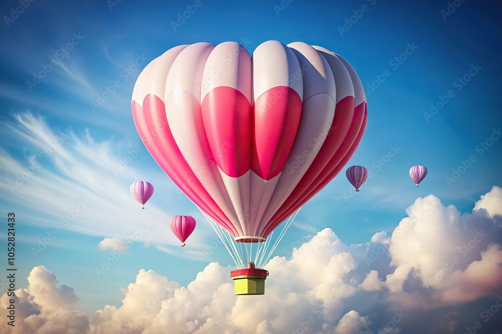 Obraz premium Paper cut style floating sky balloon heart shape in pink, red, and white