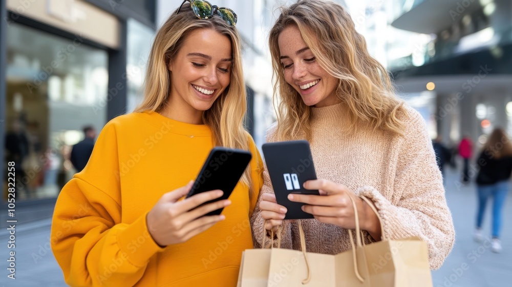 Two young women stand outdoors smiling while holding smartphones, with shopping bags in hand, showcasing modern urban lifestyle and technology engagement. Two young women stand outdoors smiling while holding smartphones, with shopping bags in hand, showcasing modern urban lifestyle and technology engagement.