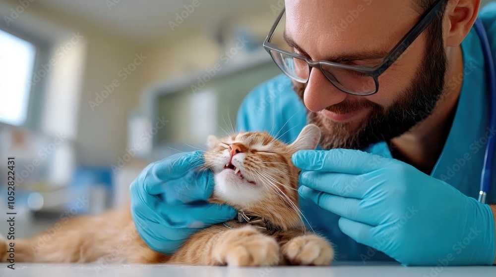 A veterinary professional in blue gloves gently pets a contented orange cat in a clinical setting, showing compassion and care in animal healthcare services. A veterinary professional in blue gloves gently pets a contented orange cat in a clinical setting, showing compassion and care in animal healthcare services.