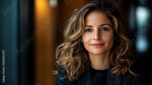 Portrait of a beautiful woman with curly hair looking at the camera with a soft smile.