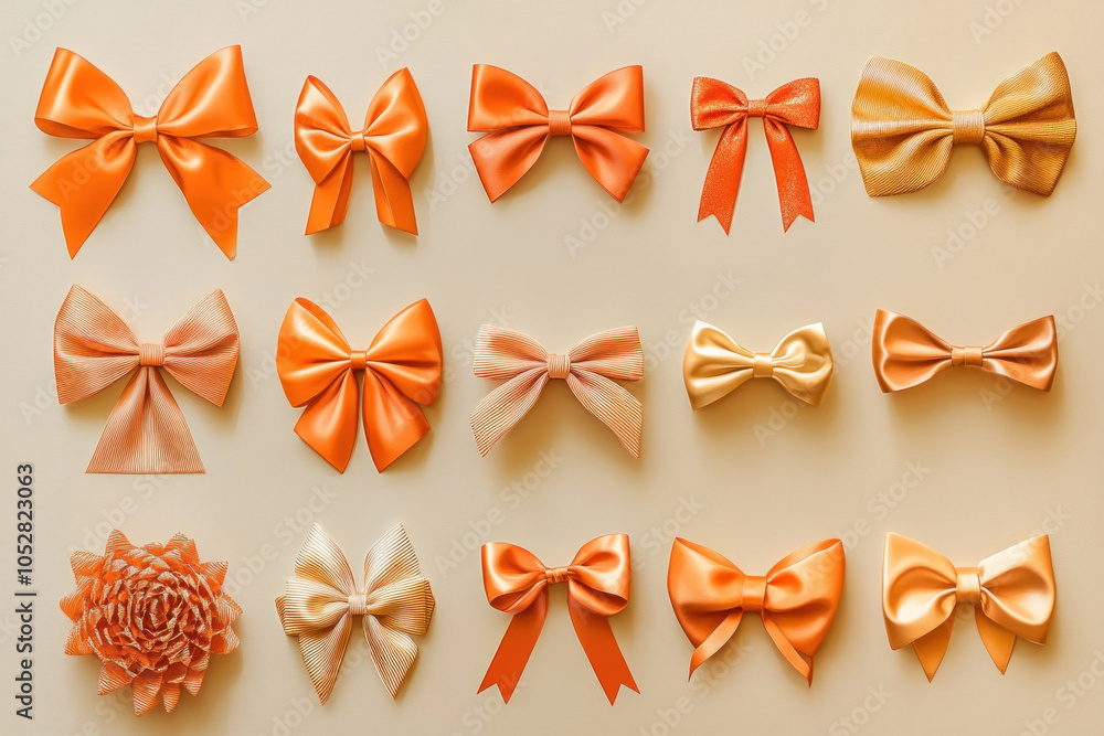 Collection of orange and gold bows arranged neatly on a white background. Collection of orange and gold bows arranged neatly on a white background.