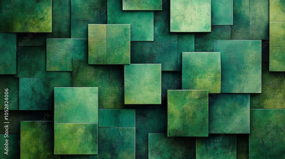 An intricate pattern of overlapping squares in varying shades of green and teal, creating depth and interest for an eco-friendly design An intricate pattern of overlapping squares in varying shades of green and teal, creating depth and interest for an eco-friendly design