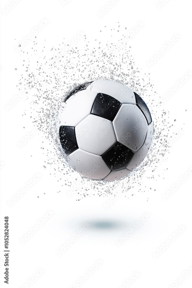 Fototapeta premium A soccer ball in mid-air surrounded by a cloud of dust and particles, showcasing motion