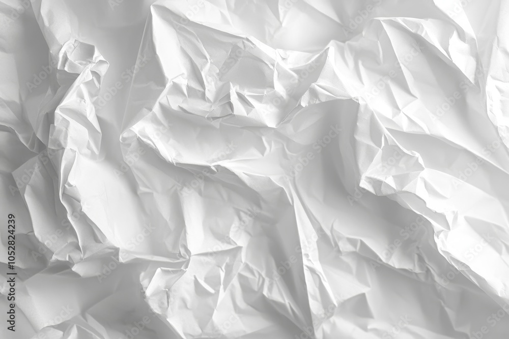 Fototapeta premium Textured crumpled white paper resting on a minimalistic surface, highlighting intricate folds and shadows in soft lighting
