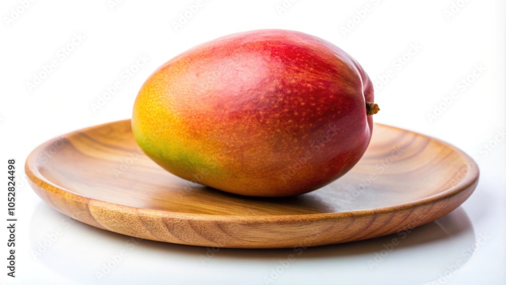Close-up of ripe mangoes in wooden plate on white background, macro Close-up of ripe mangoes in wooden plate on white background, macro