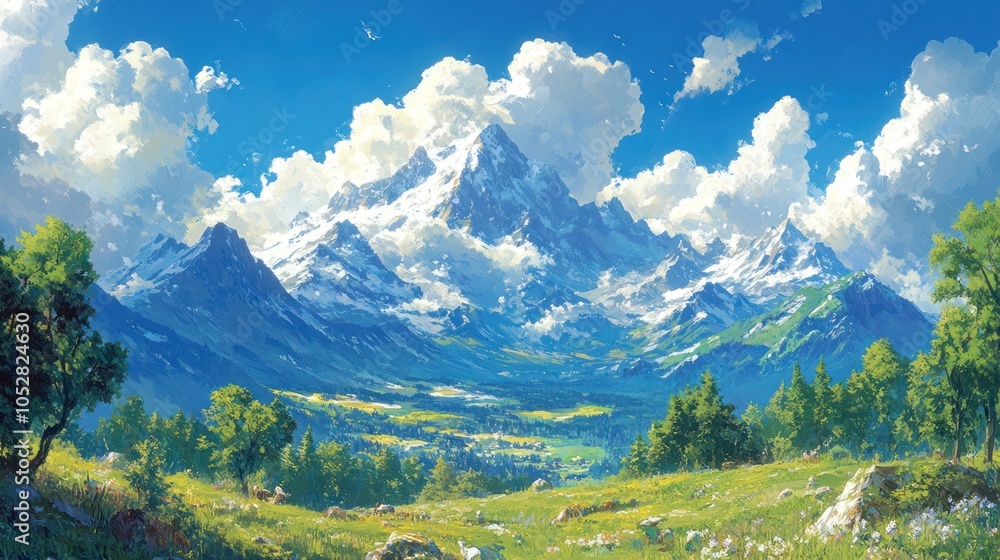 A Serene Mountain Landscape with Lush Greenery and Puffy Clouds A Serene Mountain Landscape with Lush Greenery and Puffy Clouds