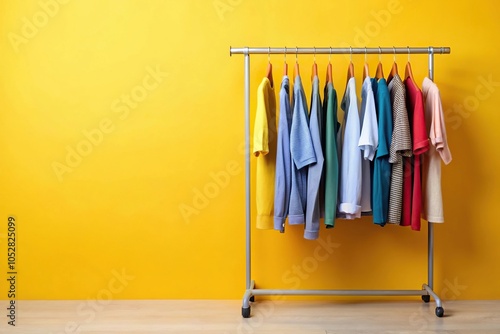 clothes rack with hangers on white background