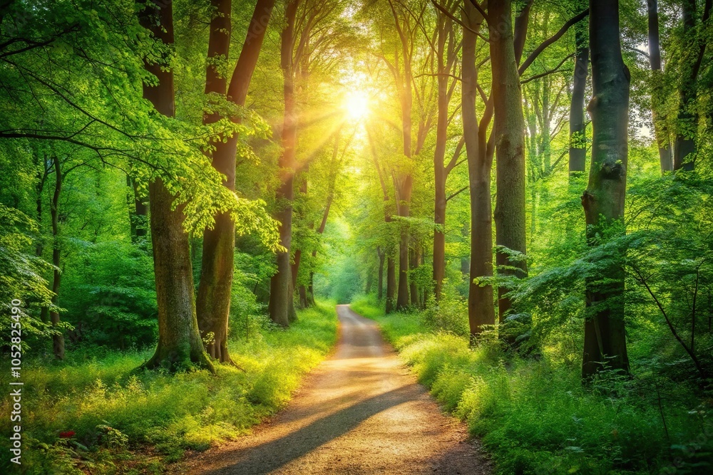 Obraz premium Peaceful forest path in sunlight