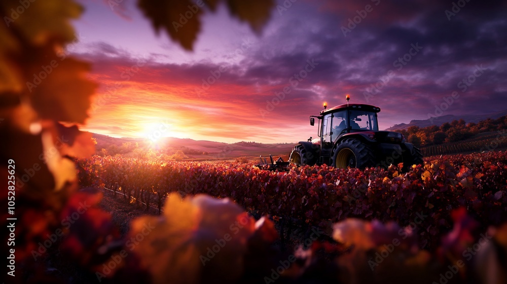 Fototapeta premium Tractor working in a vineyard at sunset.