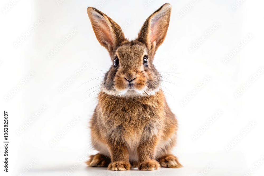 Obraz premium Adorable Fluffy Brown Rabbit Portrait - Cute Happy Bunny on Two Hind Legs Isolated on White Background for Pet Lovers and Animal Enthusiasts