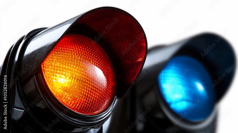 Closeup of a traffic light with red and blue lights illuminated. Closeup of a traffic light with red and blue lights illuminated.
