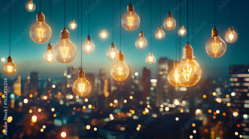 Bright lightbulbs of various shapes and sizes hang elegantly against city skyline, creating warm and inviting atmosphere. soft glow enhances urban night scene, adding charm and beauty Bright lightbulbs of various shapes and sizes hang elegantly against city skyline, creating warm and inviting atmosphere. soft glow enhances urban night scene, adding charm and beauty
