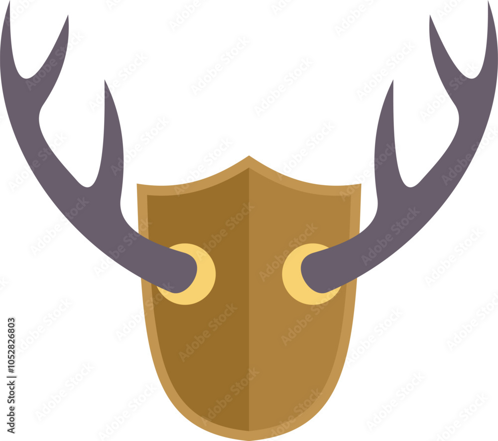 Fototapeta premium Hunting trophy icon in flat style depicting deer antlers attached to a wooden shield