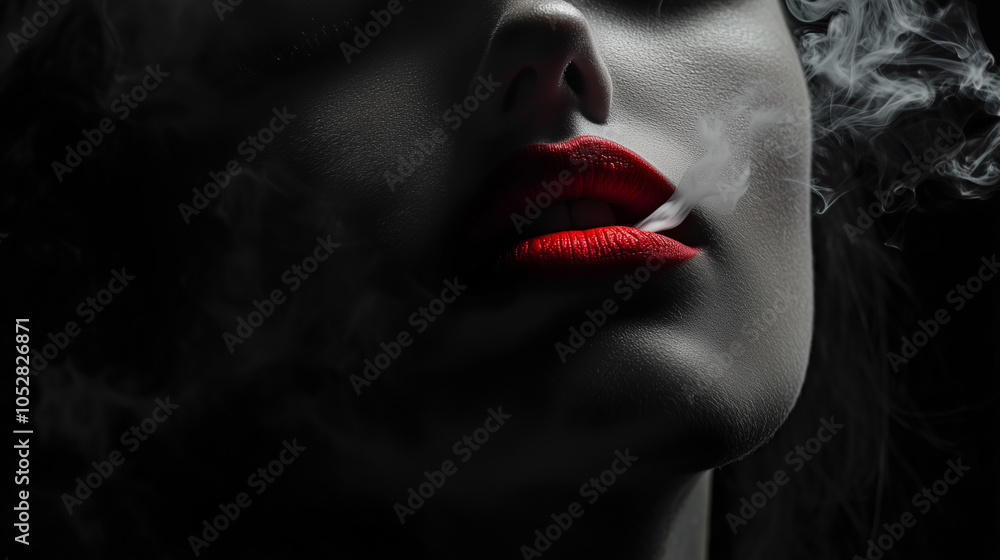 Obraz premium cropped black and white portrait of sexy young woman with red lipstick on lips exhaling cigarette smoke on black background with copy space