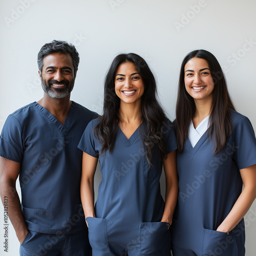 Three Doctors ethnically diverse women men female male scrubs blue pink purple nurse healthcare workers staff smiling dentist