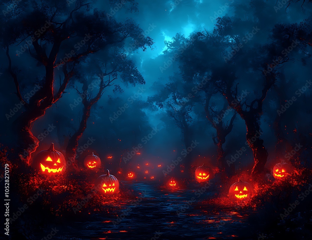 A whimsical gathering of pumpkins nestled among the trees in a vibrant forest A whimsical gathering of pumpkins nestled among the trees in a vibrant forest