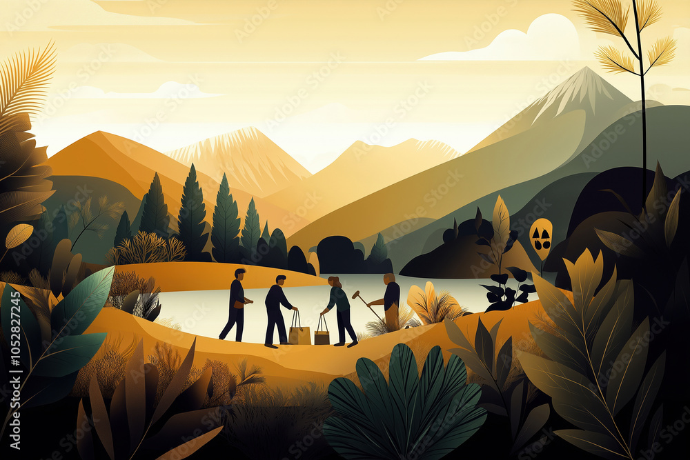 Naklejka premium Outdoor exploration at a tranquil lake with mountains and forest under a golden sunset