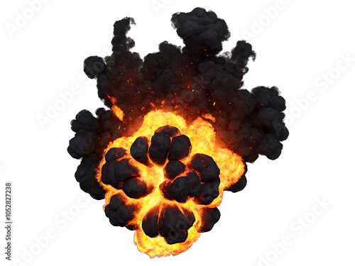 cartoon flaming explosion isolated against a clear background, accompanied by smoke
