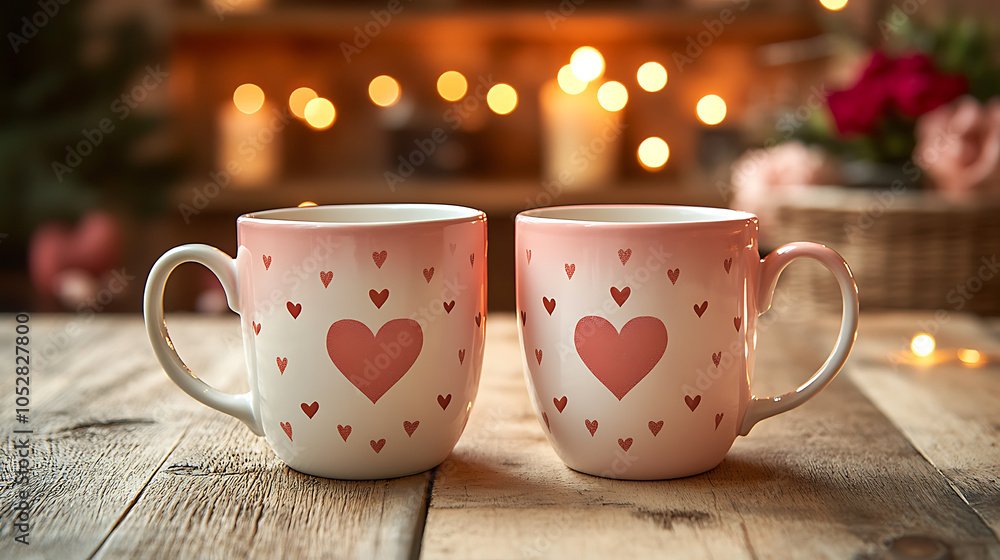 Two cups with hearts on them sit on a wooden table Two cups with hearts on them sit on a wooden table