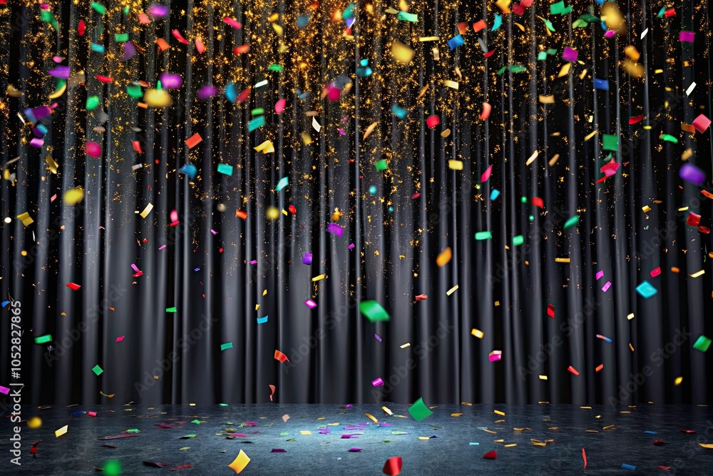 Black Confetti Night Photography Background for Party and Holiday Celebrations, Shiny Ribbons and Defocused Elements for Festive Banners and Templates Black Confetti Night Photography Background for Party and Holiday Celebrations, Shiny Ribbons and Defocused Elements for Festive Banners and Templates