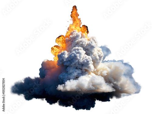 flaming explosion isolated against a clear background, accompanied by smoke
