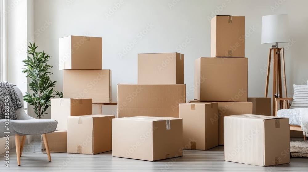 Move-In Ready Room with White Walls: This bright, open room features stacked boxes and a cozy sofa, symbolizing the start of a new journey in a minimalist and airy space.
Move-In Ready Room with White Walls: This bright, open room features stacked boxes and a cozy sofa, symbolizing the start of a new journey in a minimalist and airy space.