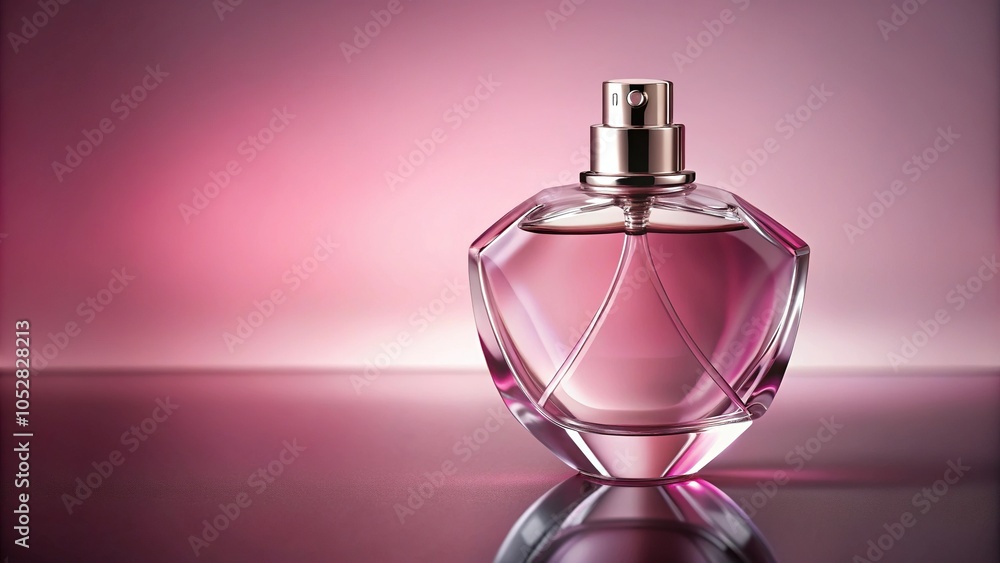 perfume bottle in pink glass bottle with angular shape, eye level perfume bottle in pink glass bottle with angular shape, eye level