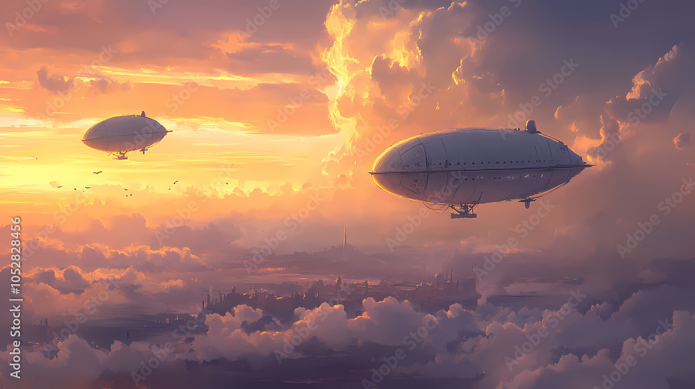Two airships float in a serene sunset sky, creating a peaceful and dreamy atmosphere over a vast landscape. Floating Airship. Illustration Two airships float in a serene sunset sky, creating a peaceful and dreamy atmosphere over a vast landscape. Floating Airship. Illustration