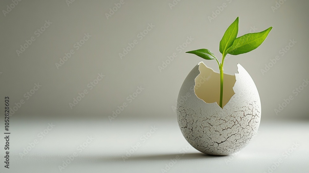 Cracked egg with a green sprout growing out, symbolizing new beginnings Cracked egg with a green sprout growing out, symbolizing new beginnings