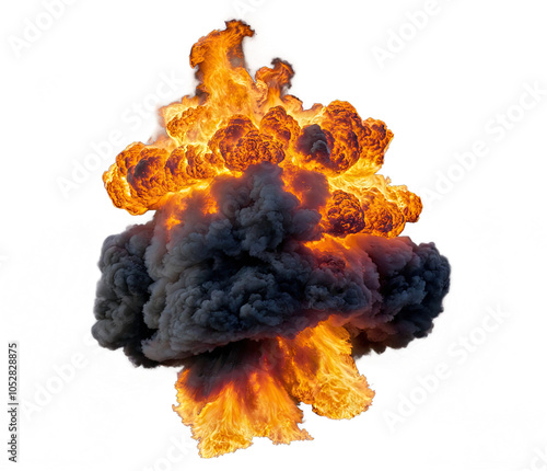 flaming explosion isolated against a clear background, accompanied by smoke