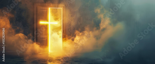 Mystic door with a cross on it. Concept of Christian church and esoteric path to spiritual knowledge photo