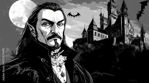 Vampire count vlad tepes dracula in front of a gothic castle. Vampire Lord. Illustration