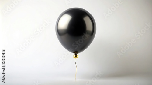 photo of single matte black balloon with gold ribbon on white background