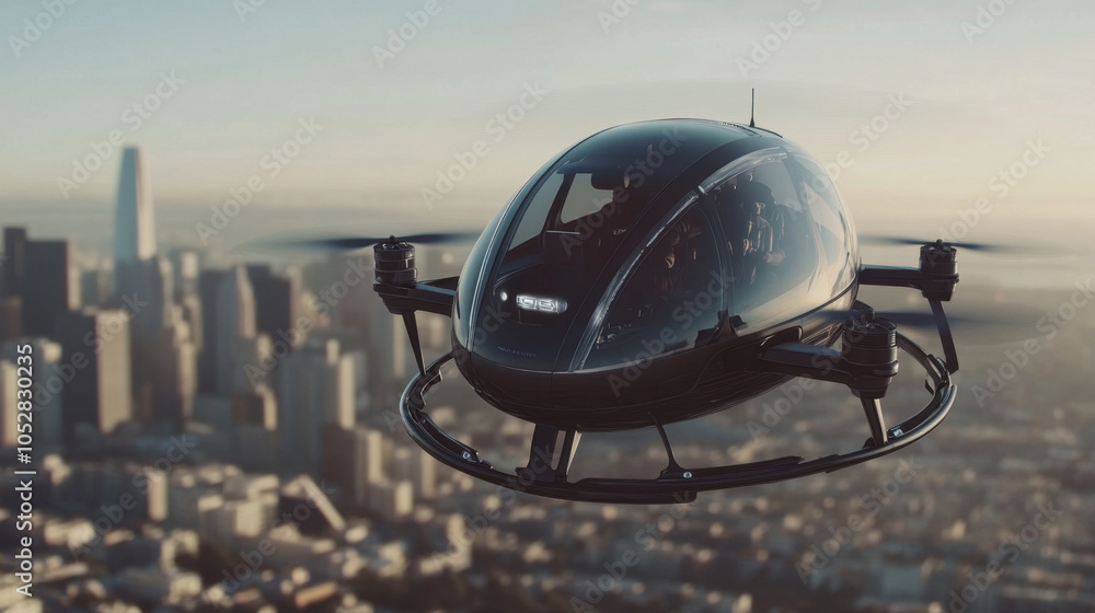 Fototapeta premium Visualize a world where high-speed drones are used for daily transportation. Describe the rush of flying over urban landscapes and the thrill of navigating at incredible speeds.