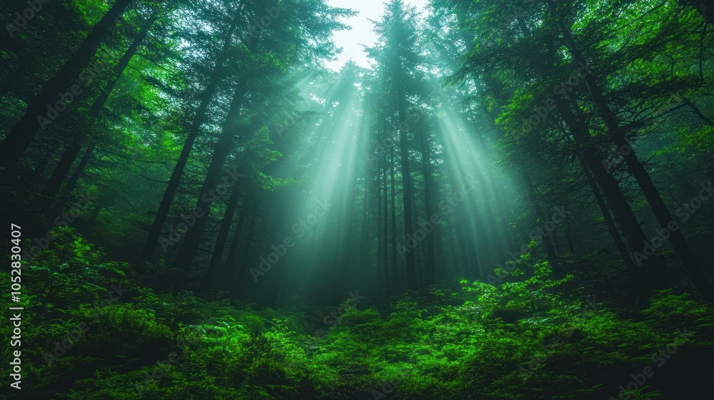 Naklejka premium Sunbeams Piercing Through a Misty Forest Canopy