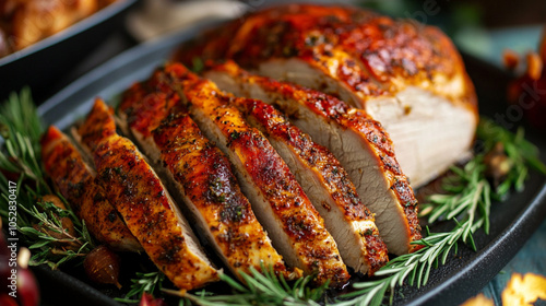 close-up view of sliced Cajun turkey on a cutting wooden board. ai 