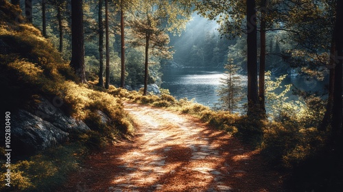 Sunlit Path Winding Through a Forest by a Lake